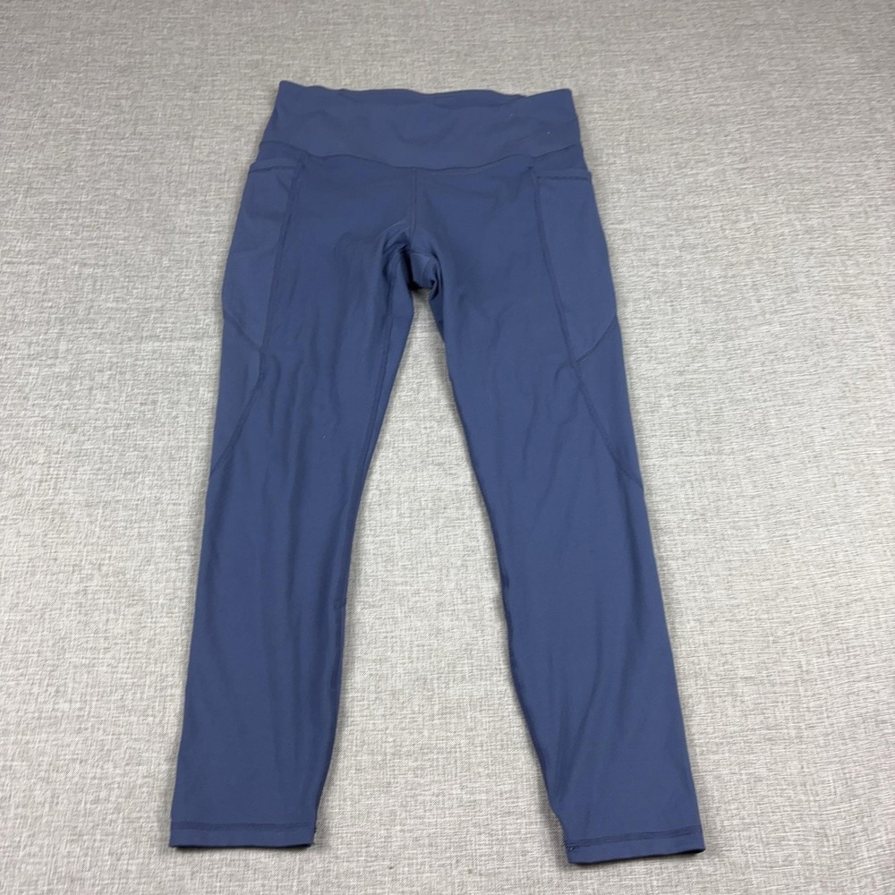 Gaiam Leggings Womens L Blue Cropped Ribbed Waist Side Pockets Yoga Gym Pants
